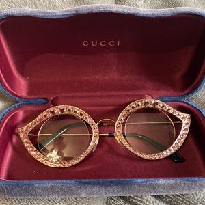 Gucci Cat Eye Gold Metal Sunglasses with Pink Crystals